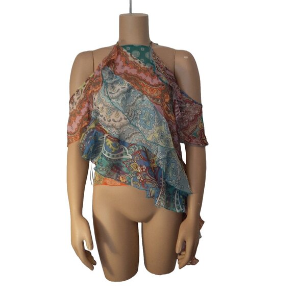 ZARA NWOT Blue and Pink Paisley Sheer Flowy Ruffle Top - Size Small - Picture 2 of 9